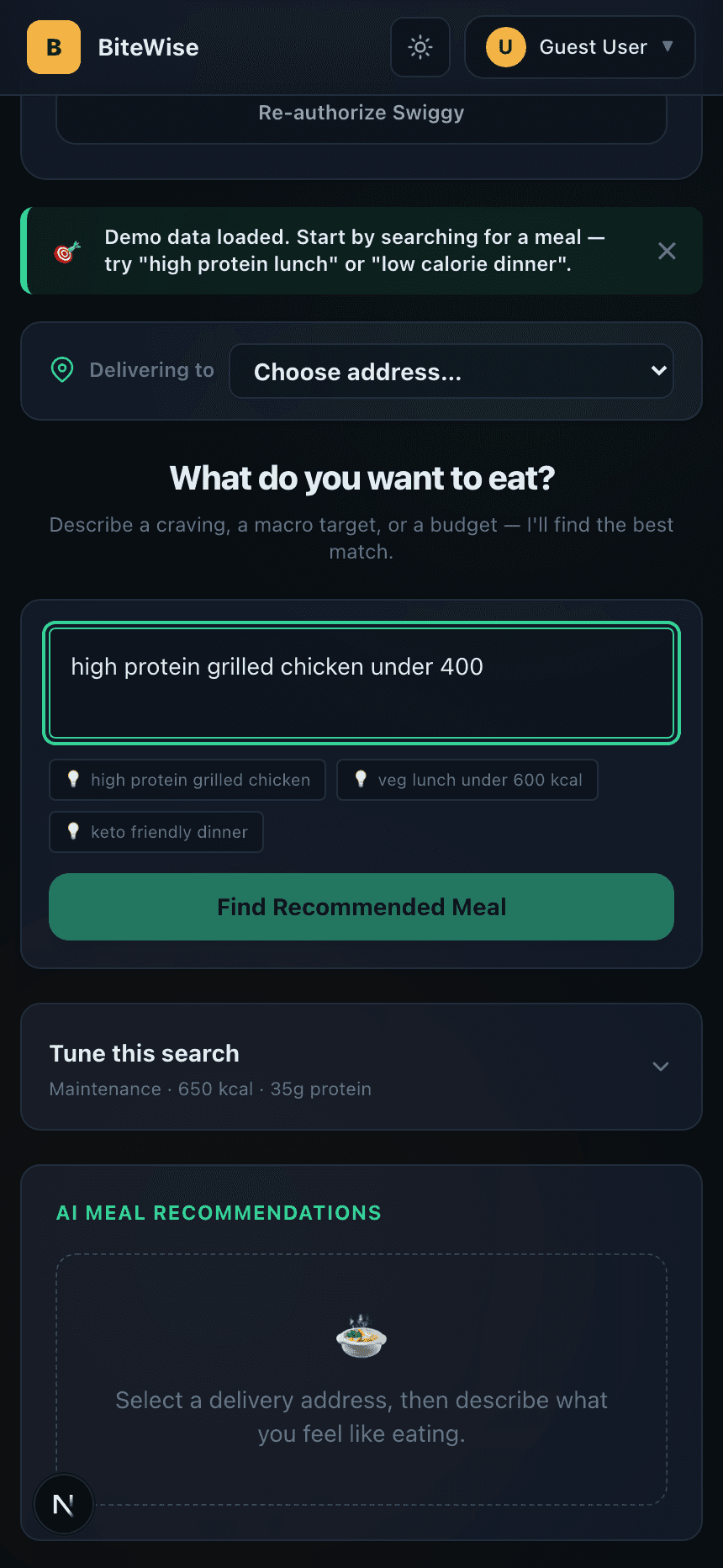 NutriOrder AI meal search screen